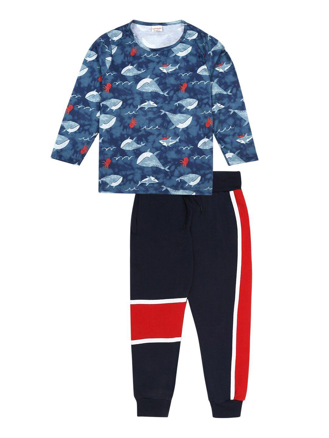 raine and jaine boys navy blue printed pure cotton t-shirt with trousers