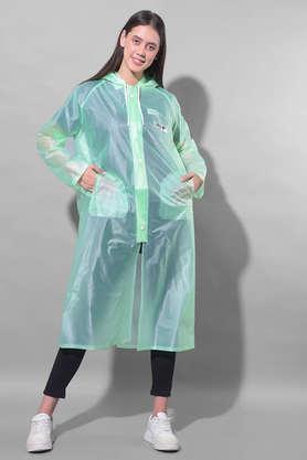 rainguard unisex pvc full sleeve solid long raincoat with adjustable hood and pocket - light green