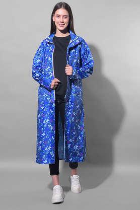 rainguard women's full sleeve floral printed long raincoat with adjustable hood and pocket - blue