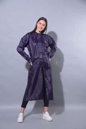 rainguard women's pvc full sleeve solid long raincoat set with adjustable hood and pocket - blue
