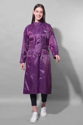 rainguard women's pvc full sleeve solid long raincoat set with adjustable hood and pocket - purple