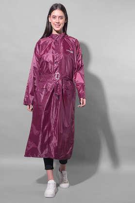 rainguard women's pvc full sleeve solid long raincoat set with adjustable hood and pocket - wine