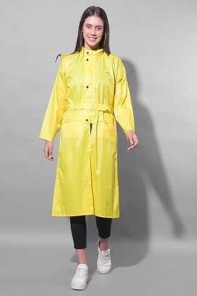 rainguard women's pvc full sleeve solid long raincoat set with adjustable hood and pocket - yellow