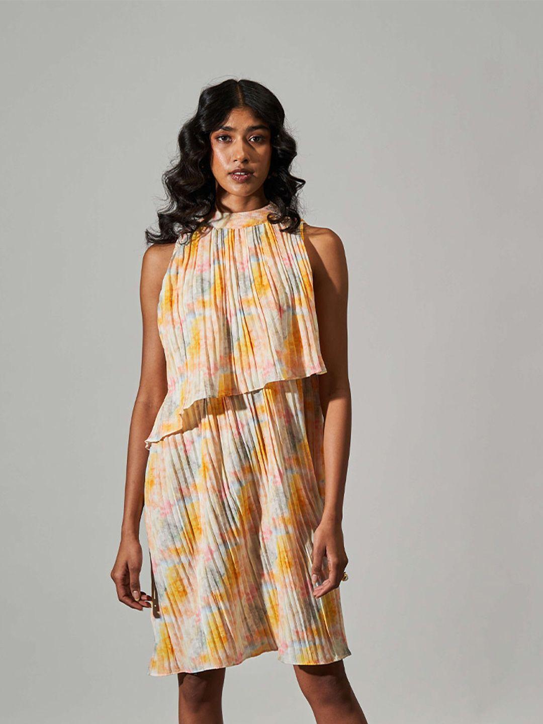 raisin abstract printed high neck sleeveless layered a-line dress