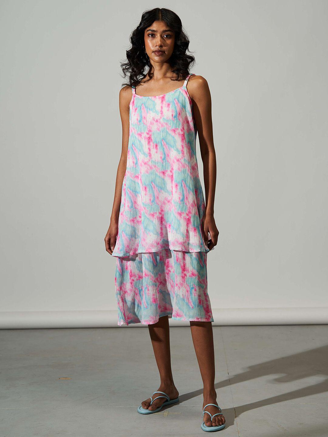 raisin abstract printed shoulder strap sleeveless layered a-line midi dress