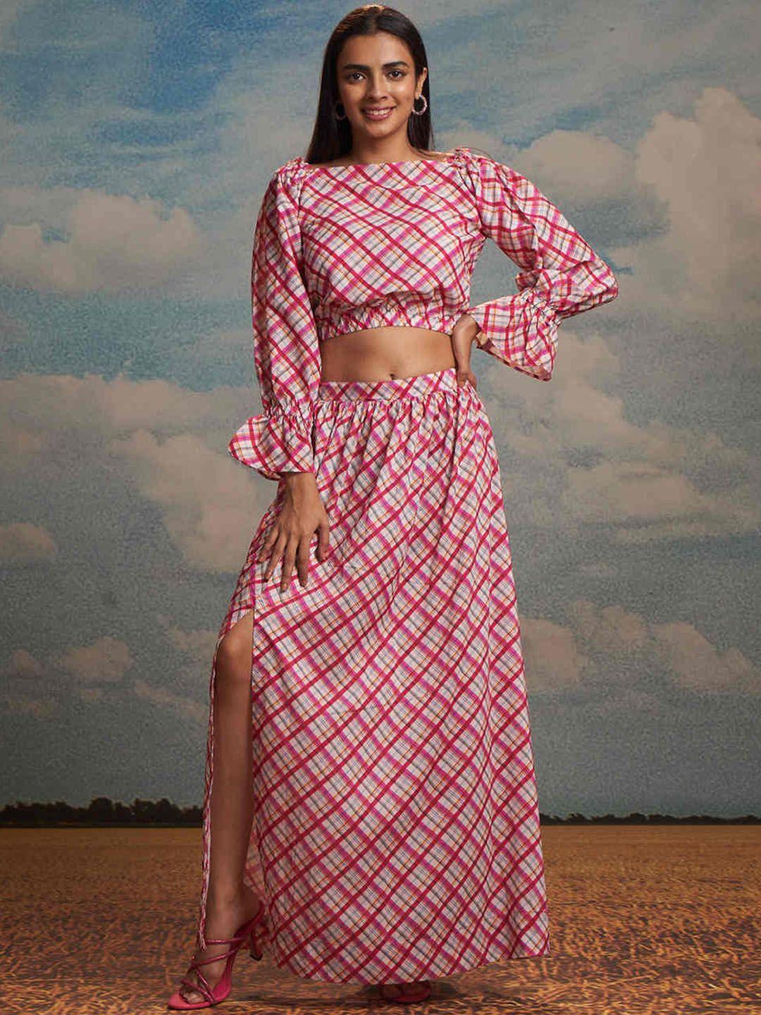 raisin checked bell sleeves crop top with skirt