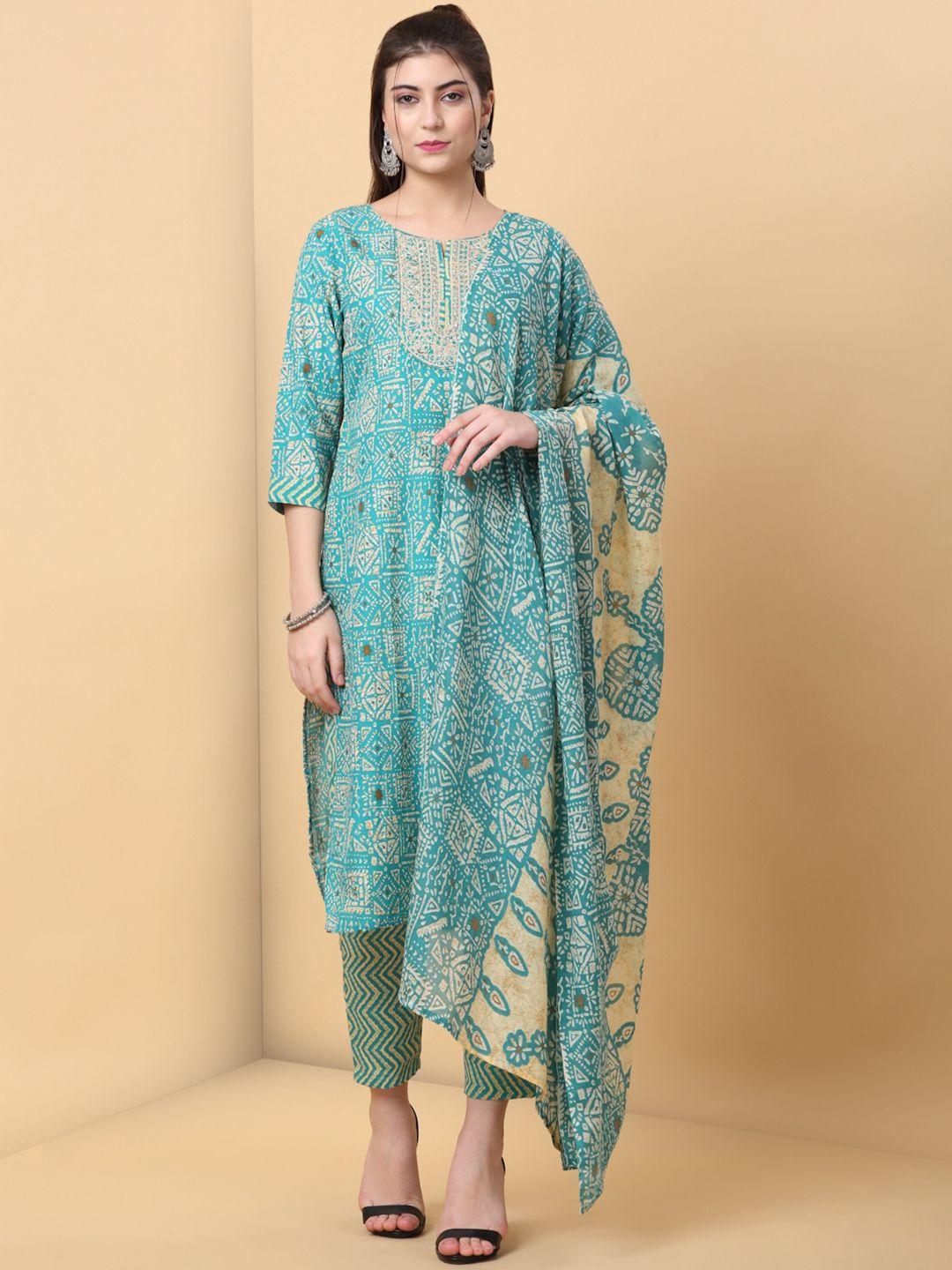 raisin ethnic motifs printed thread work pure cotton straight kurta & trouser with dupatta