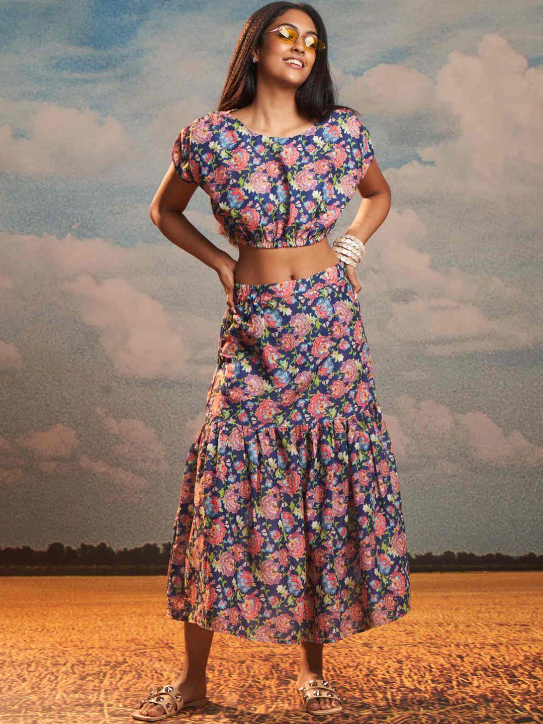 raisin floral printed crop top with skirt