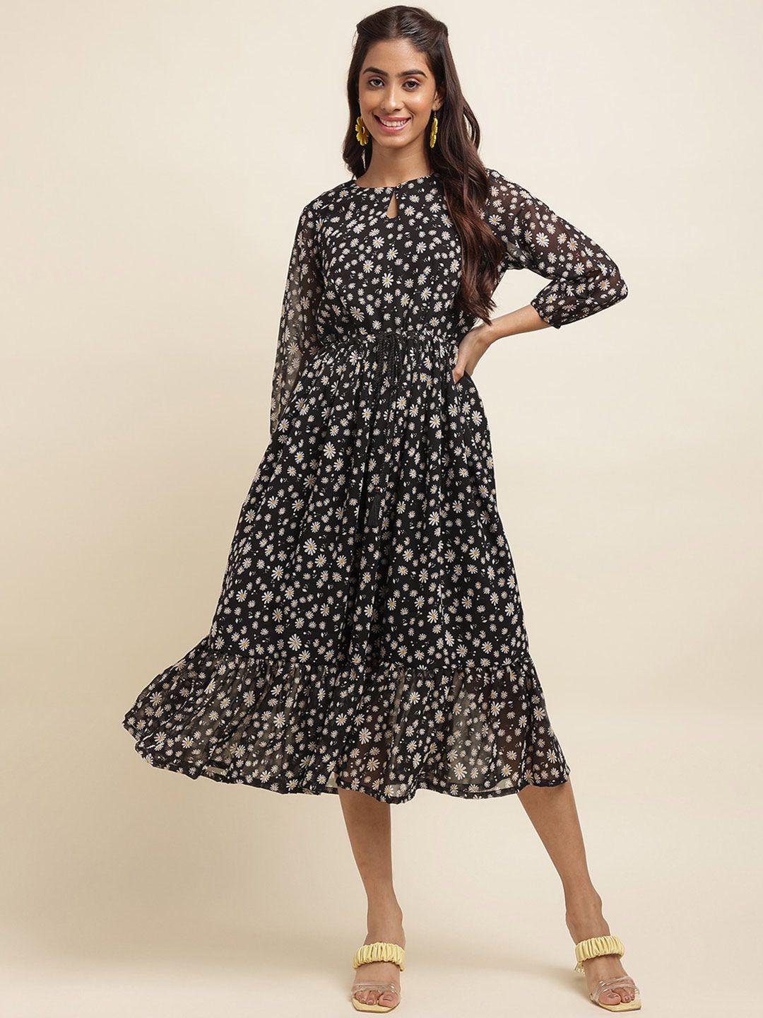 raisin floral printed keyhole neck gathered tiered georgette fit & flare midi dress