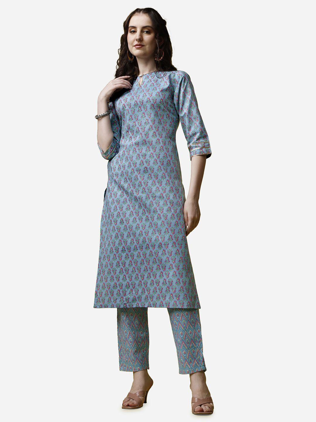 raisin floral printed keyhole neck pure cotton kurta with trousers