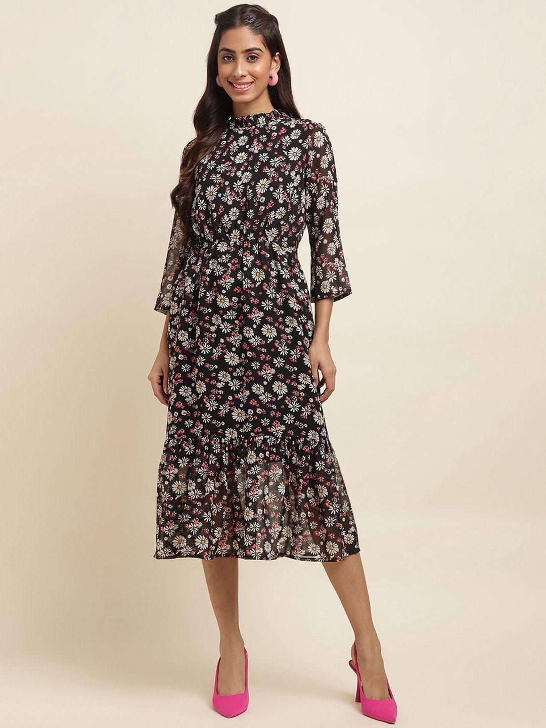 raisin floral printed mock neck gathered tiered georgette a-line midi dress