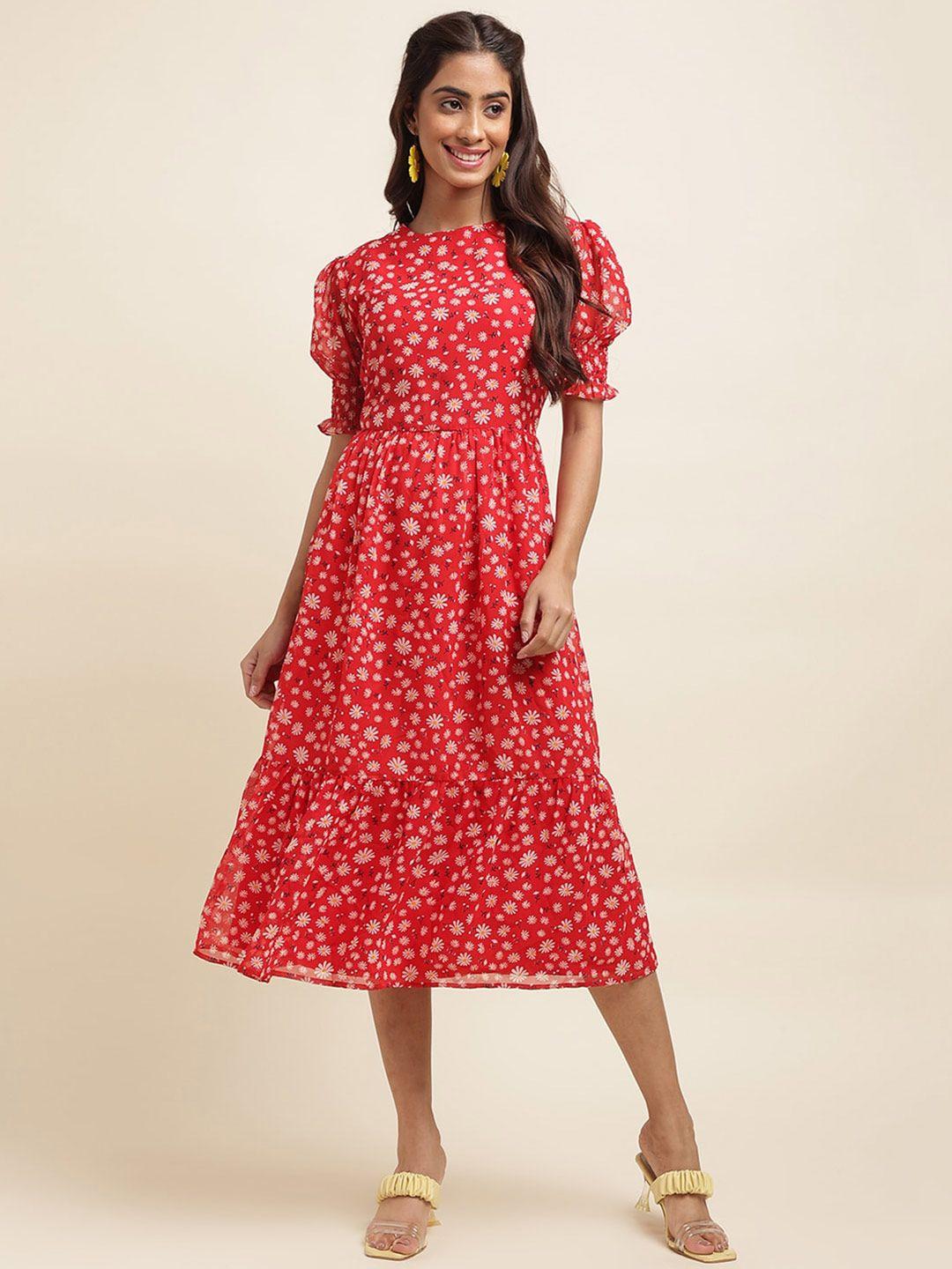 raisin floral printed puff sleeves gathered tiered georgette fit & flare midi dress