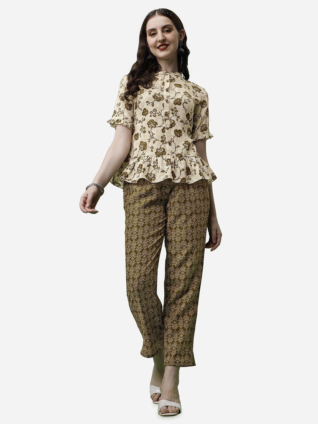 raisin printed mandarin collar pure cotton top with trousers