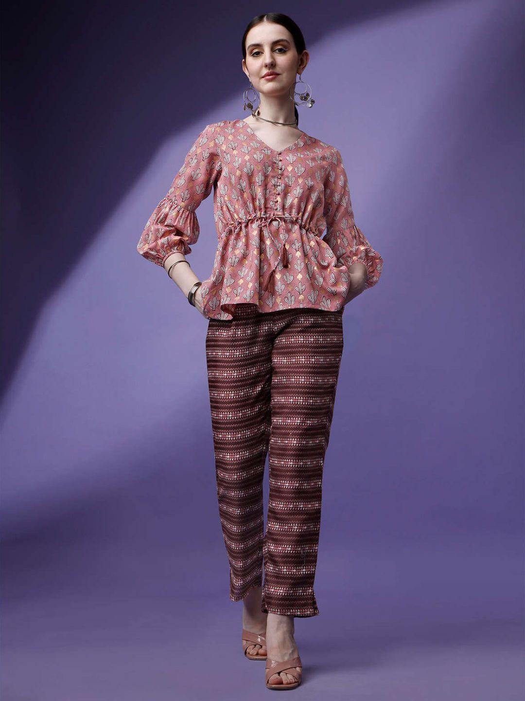 raisin printed v-neck pure cotton top with trousers