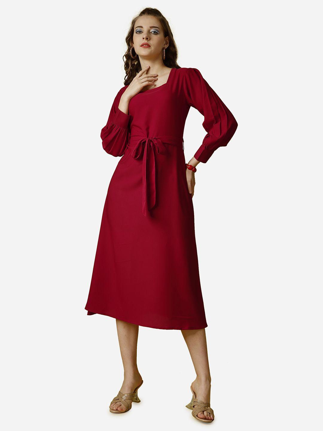 raisin square neck cuffed sleeves waist tie ups fit & flare midi dress