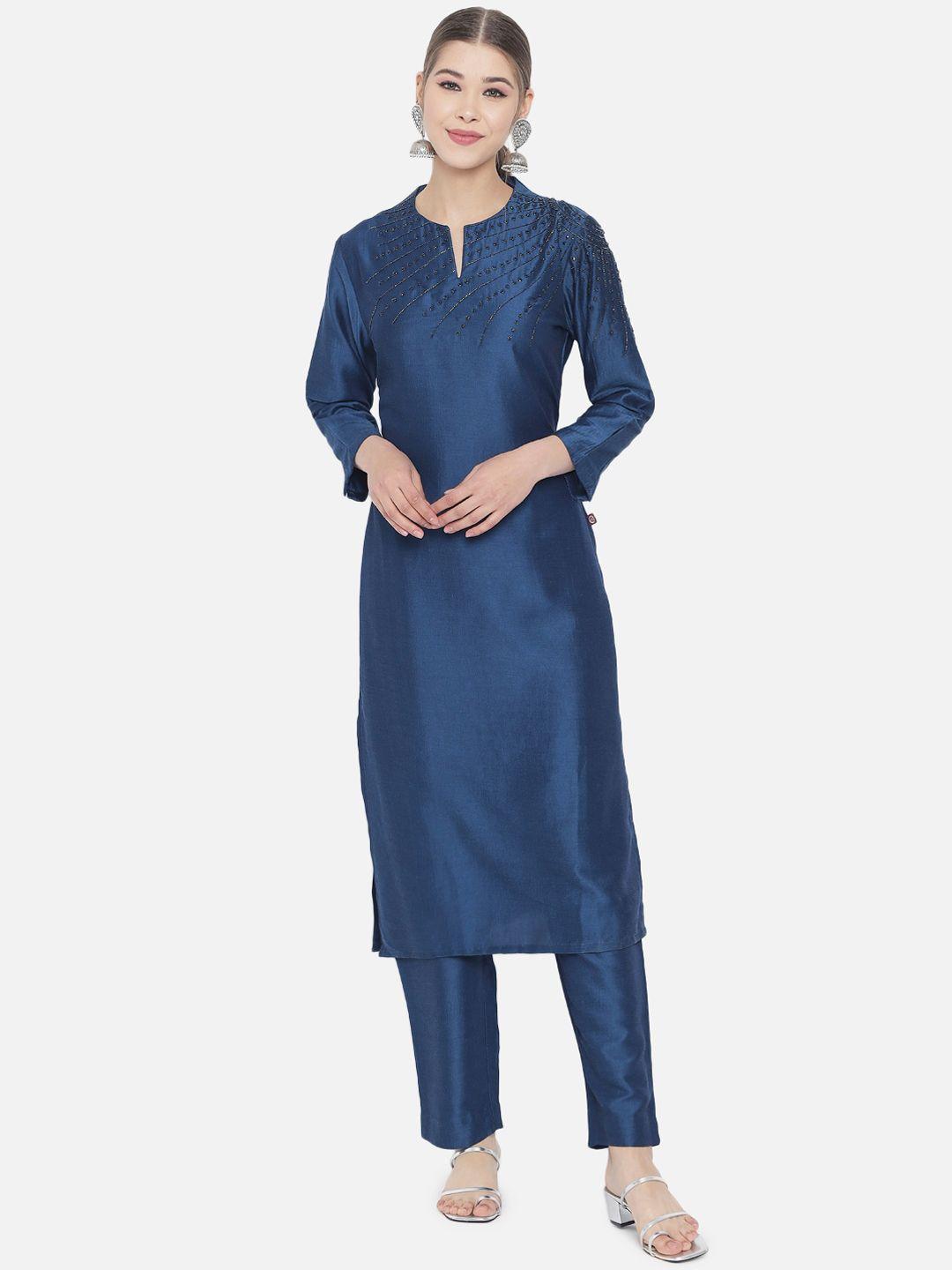 raisin women blue solid kurta with trousers