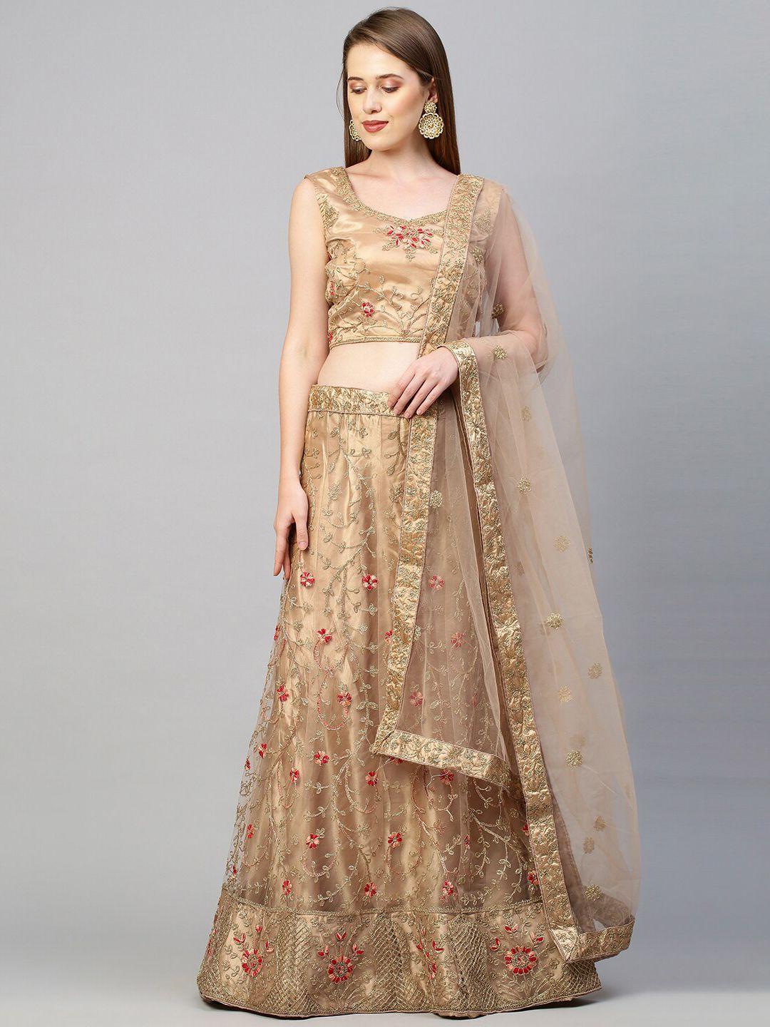 rajesh silk mills brown & gold-toned embellished semi-stitched lehenga & unstitched blouse with dupatta