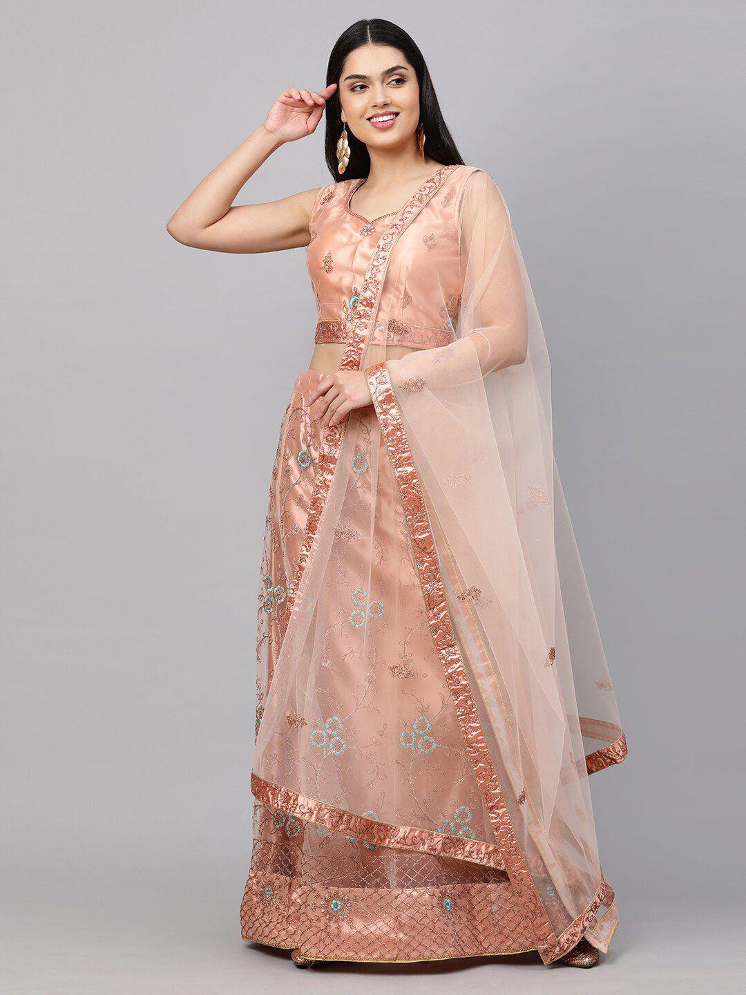 rajesh silk mills peach-coloured & silver-toned embellished semi-stitched lehenga & unstitched blouse with