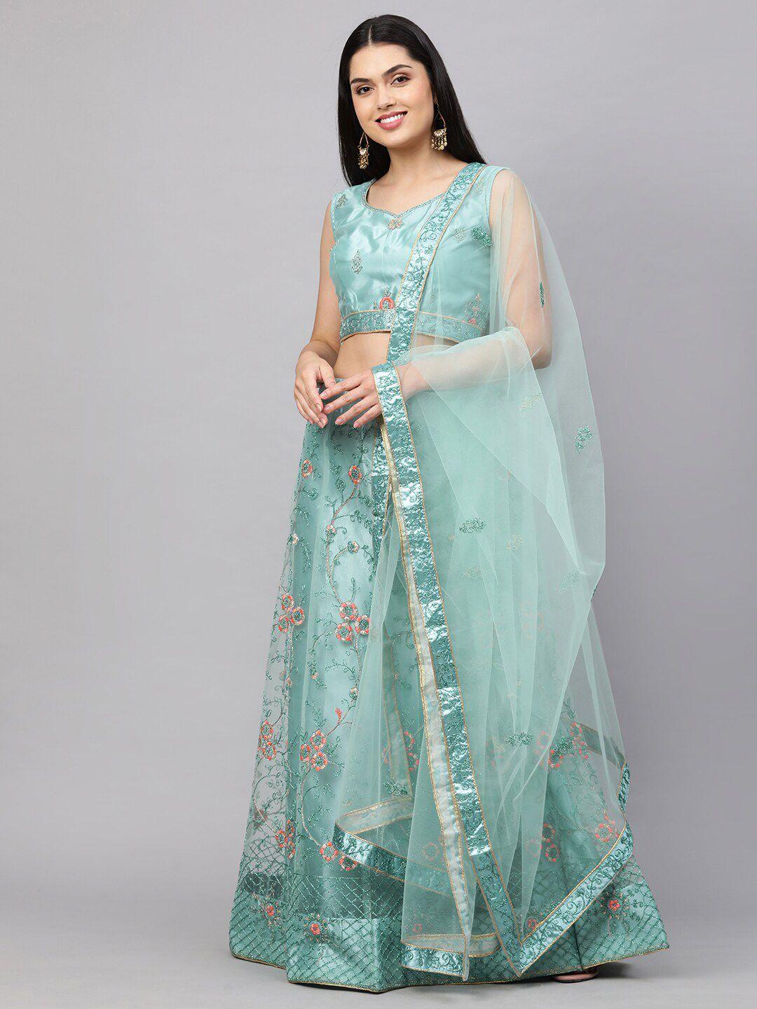 rajesh silk mills teal & peach-coloured embellished semi-stitched lehenga & unstitched blouse with dupatta