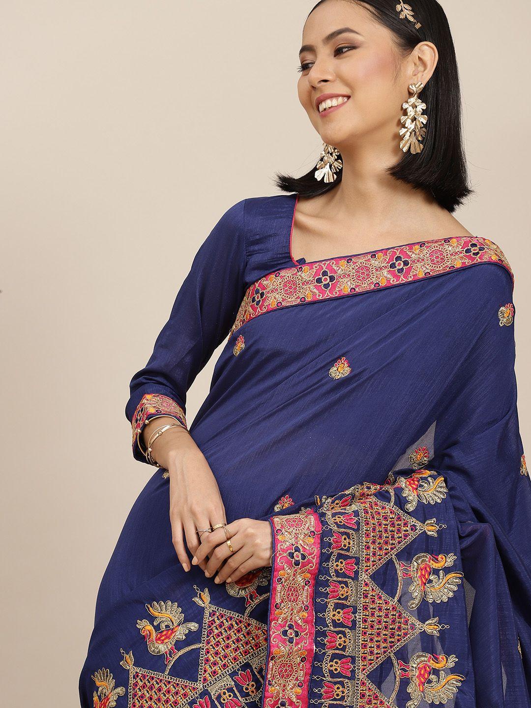 rajgranth blue ethnic motifs embroidered silk blend saree