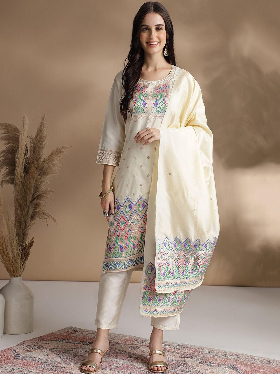 rajgranth ethnic motif woven design chanderi cotton straight kurta with trousers & dupatta