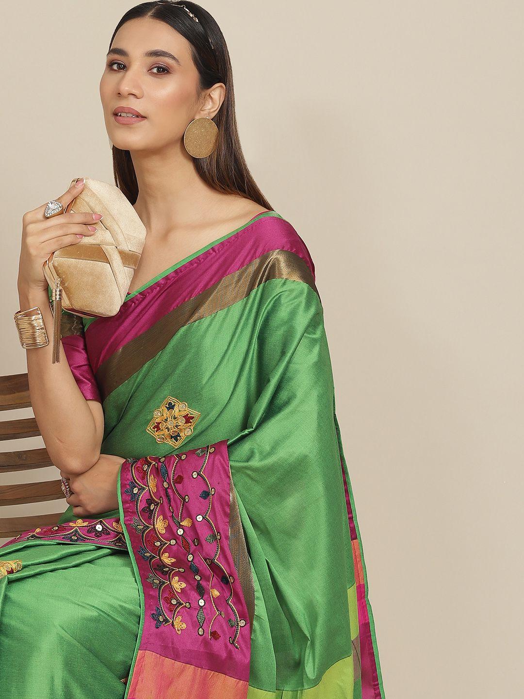 rajgranth green & magenta ethnic motifs sequinned silk cotton saree