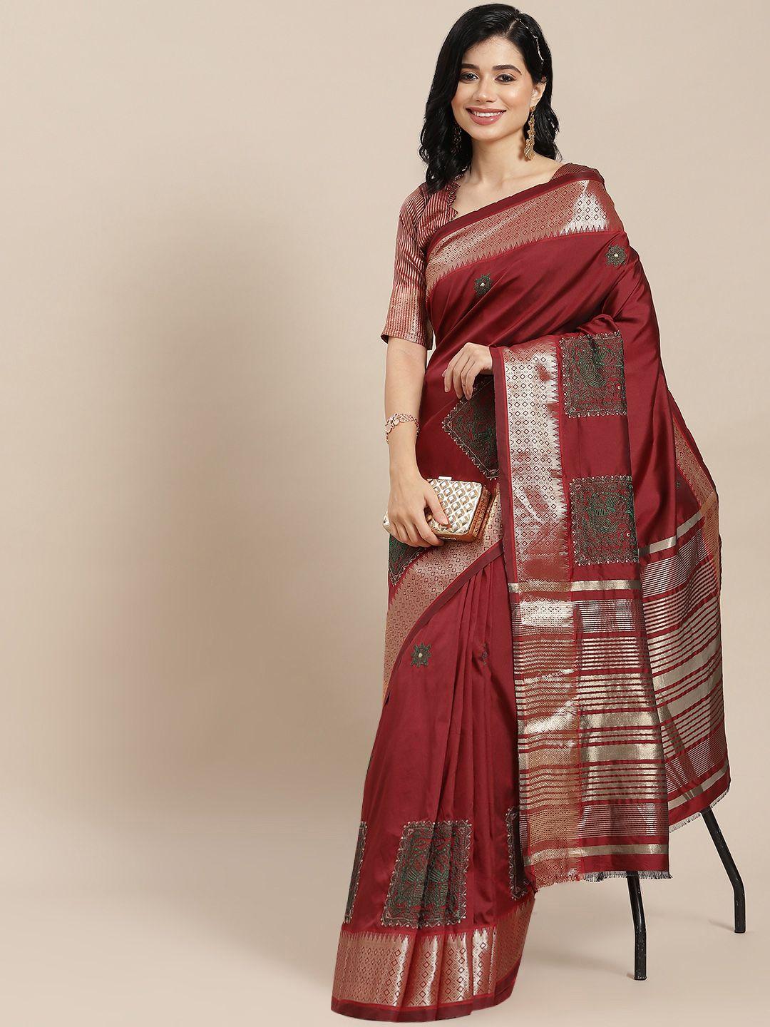rajgranth maroon & golden ethnic motifs embroidered silk cotton saree
