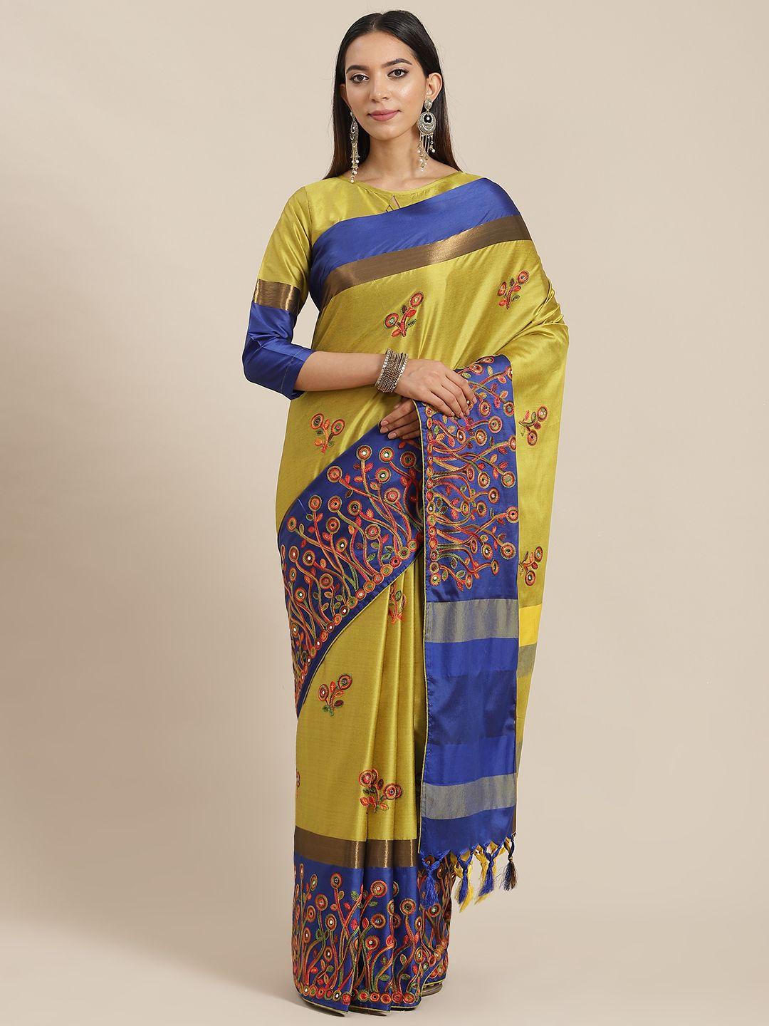 rajgranth mustard & blue ethnic motifs silk cotton ready to wear saree