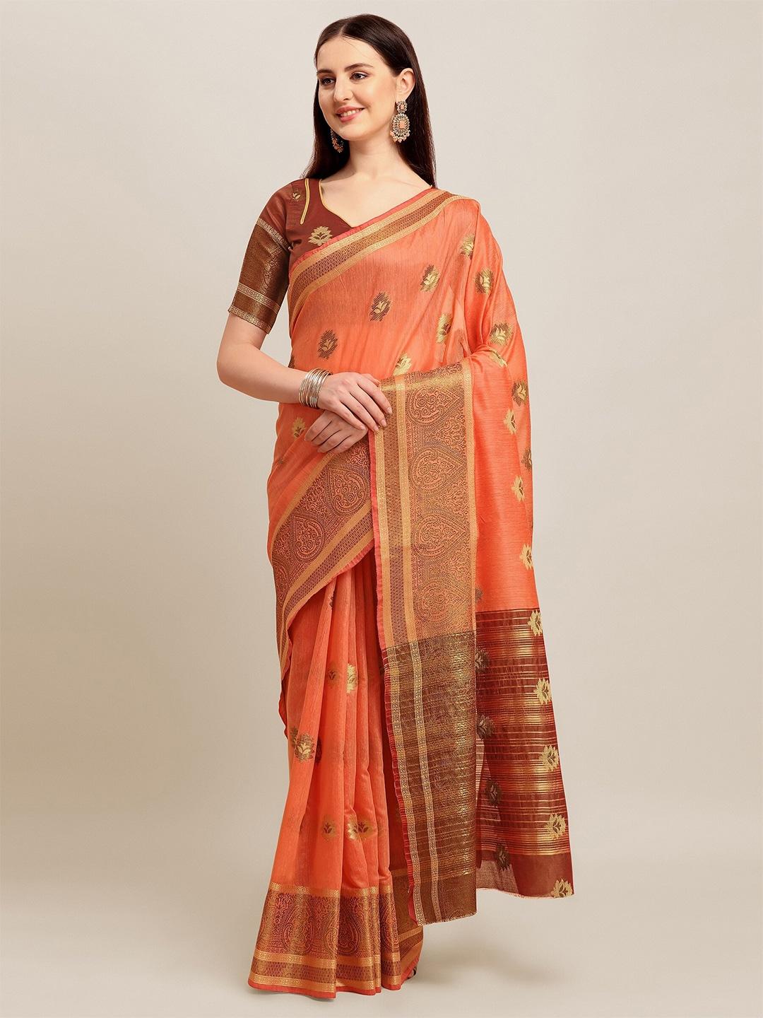 rajgranth peach-coloured & brown ethnic motifs zari linen silk cotton saree