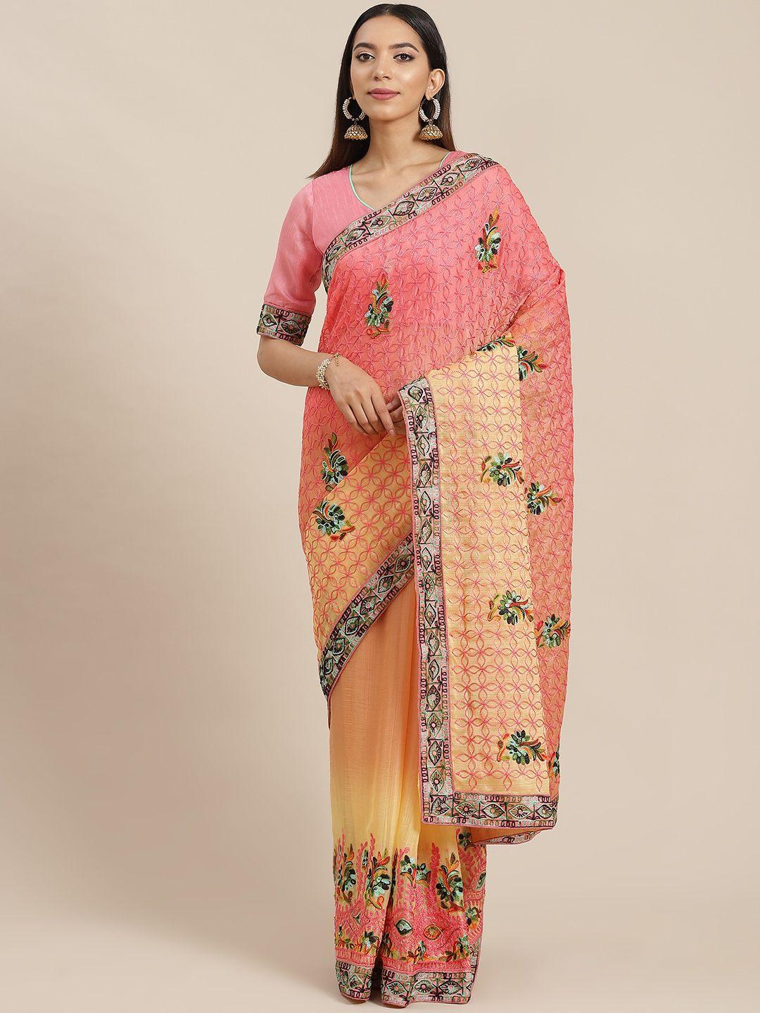 rajgranth peach-coloured floral embroidered chiffon saree