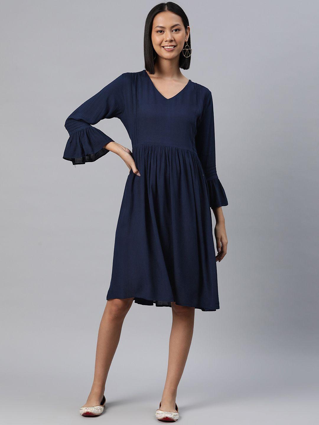 rajgranth solid bell sleeve a-line dress