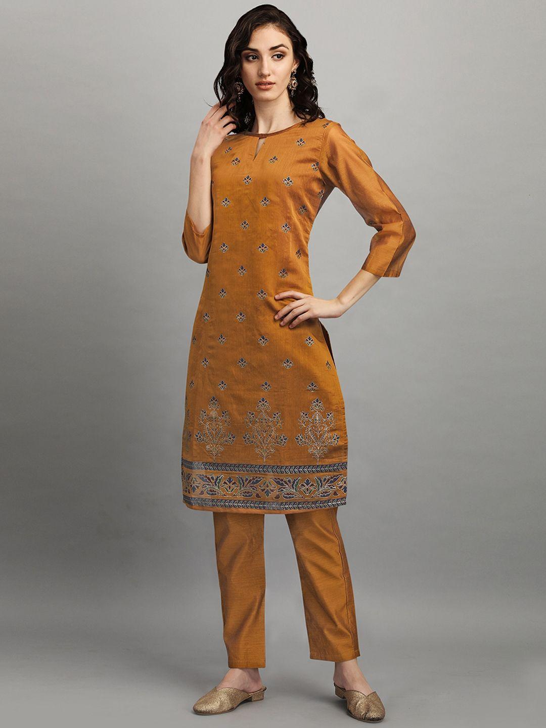 rajgranth women brown ethnic motifs printed chanderi silk kurta with trousers