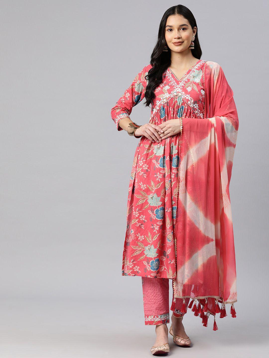 rajgranth women floral embroidered pleated pure cotton kurta with trousers & with dupatta