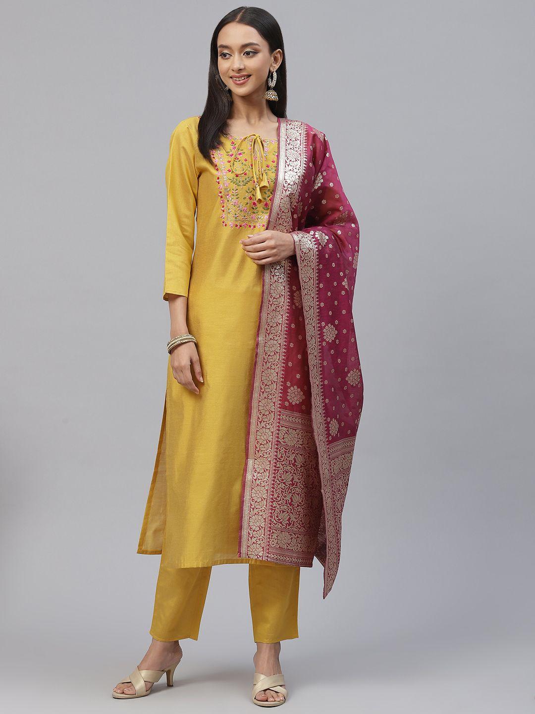 rajgranth women yellow embroidered thread work kurta with trousers & with dupatta