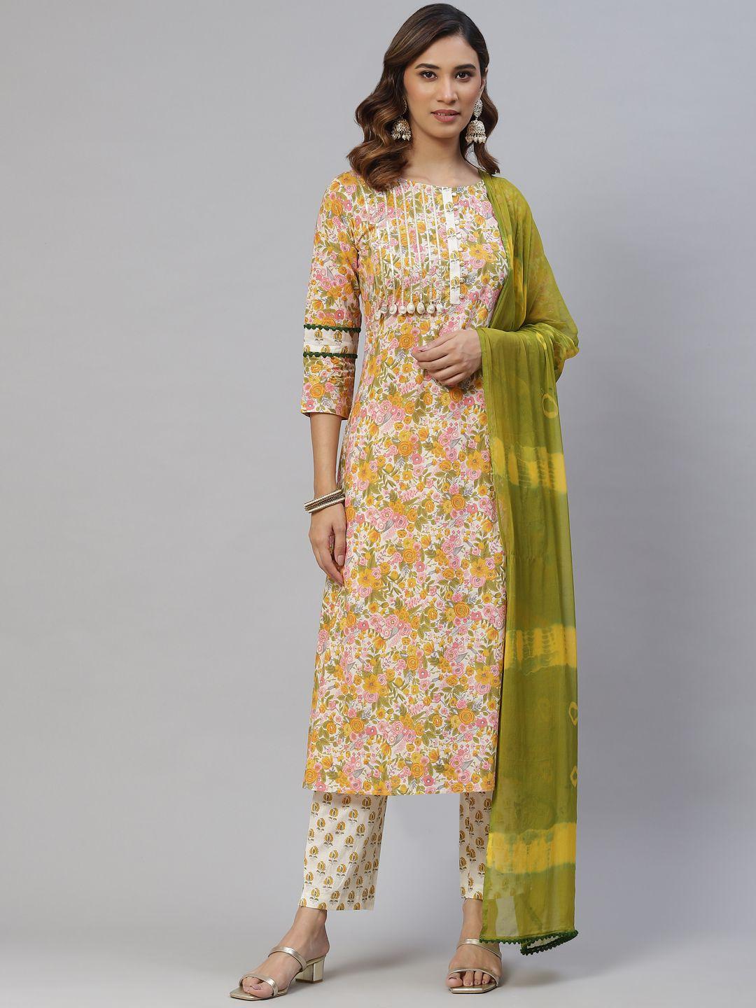 rajgranth women yellow floral printed kurta with trousers & with dupatta