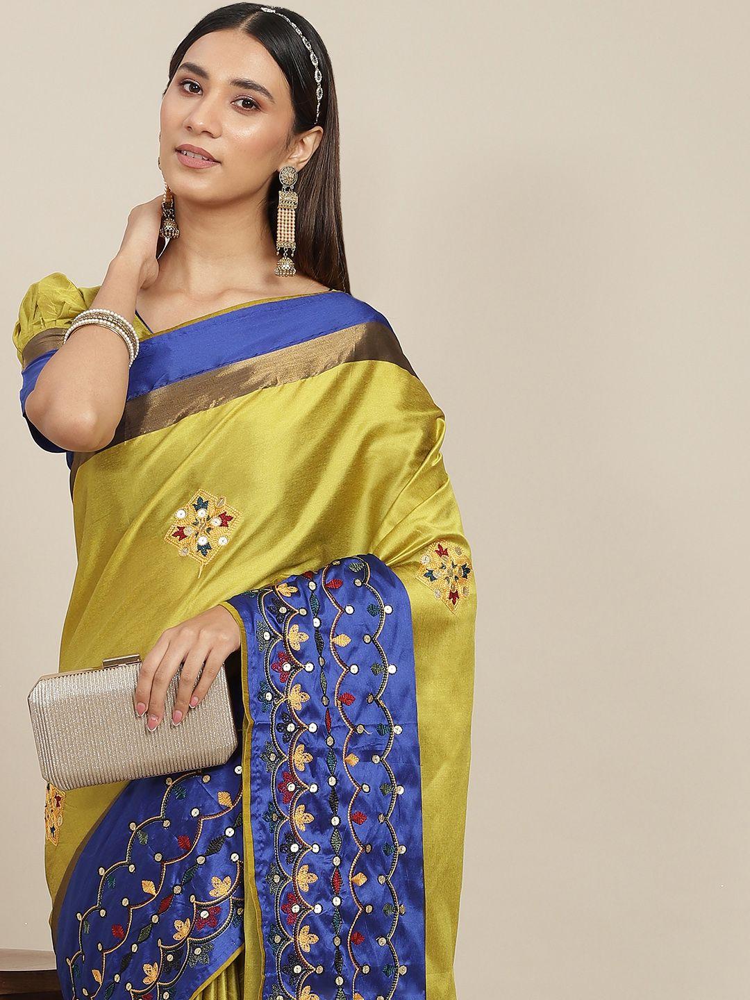 rajgranth yellow & blue floral sequinned silk cotton saree