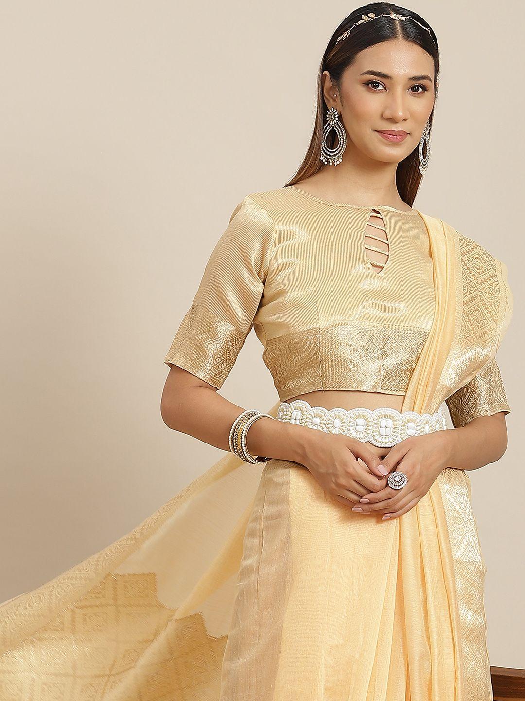 rajgranth beige & gold-toned ethnic motifs zari linen blend tussar saree