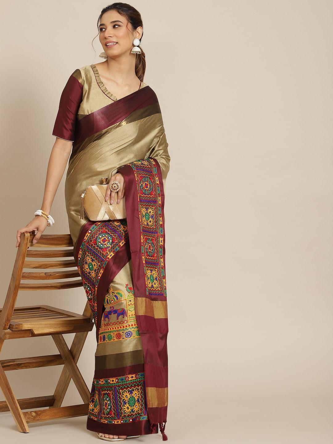 rajgranth beige & maroon ethnic motifs kutchi embroidery silk cotton saree