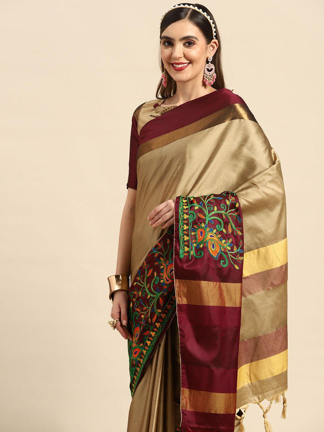 rajgranth beige & maroon floral embroidered silk cotton chanderi saree