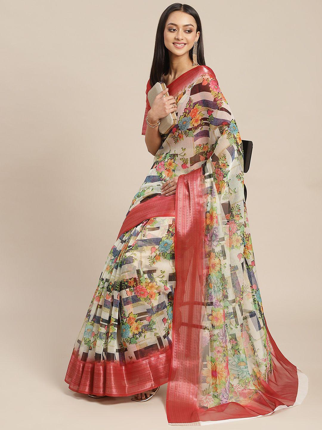 rajgranth beige & red floral organza block print saree