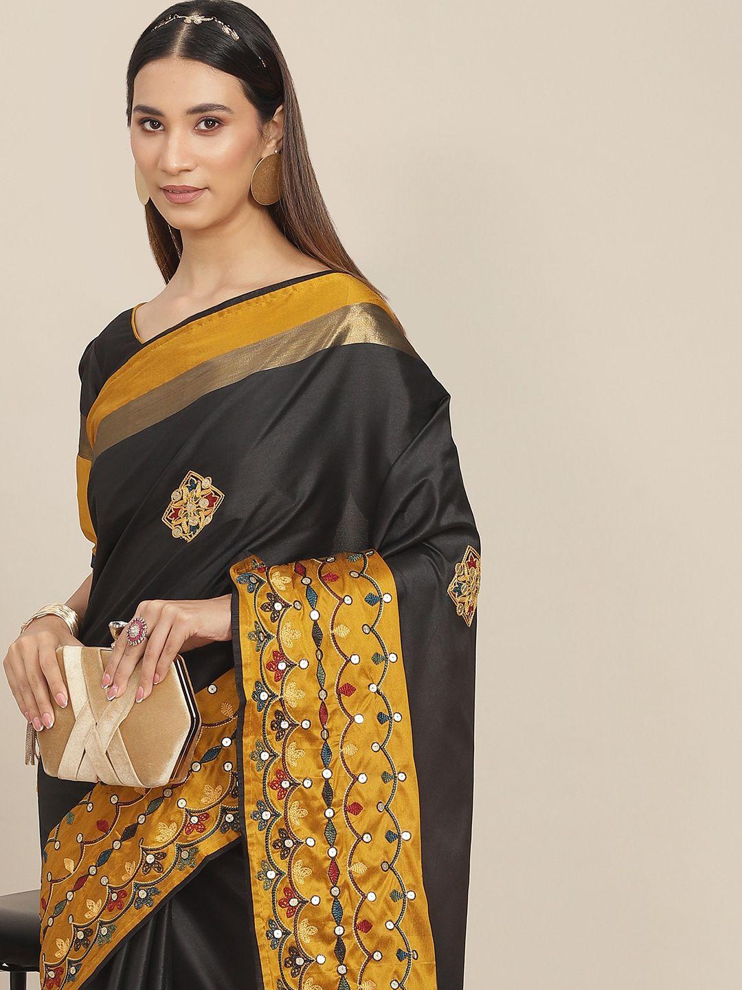 rajgranth black & mustard yellow floral sequinned silk cotton saree