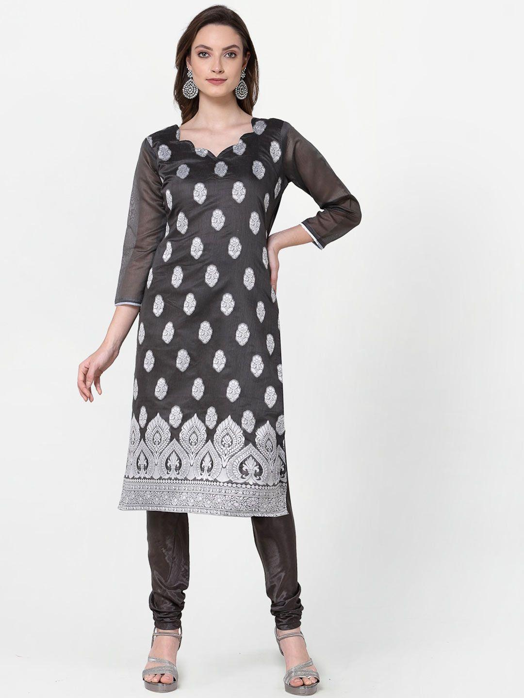 rajgranth black & silver-toned printed jute cotton unstitched dress material