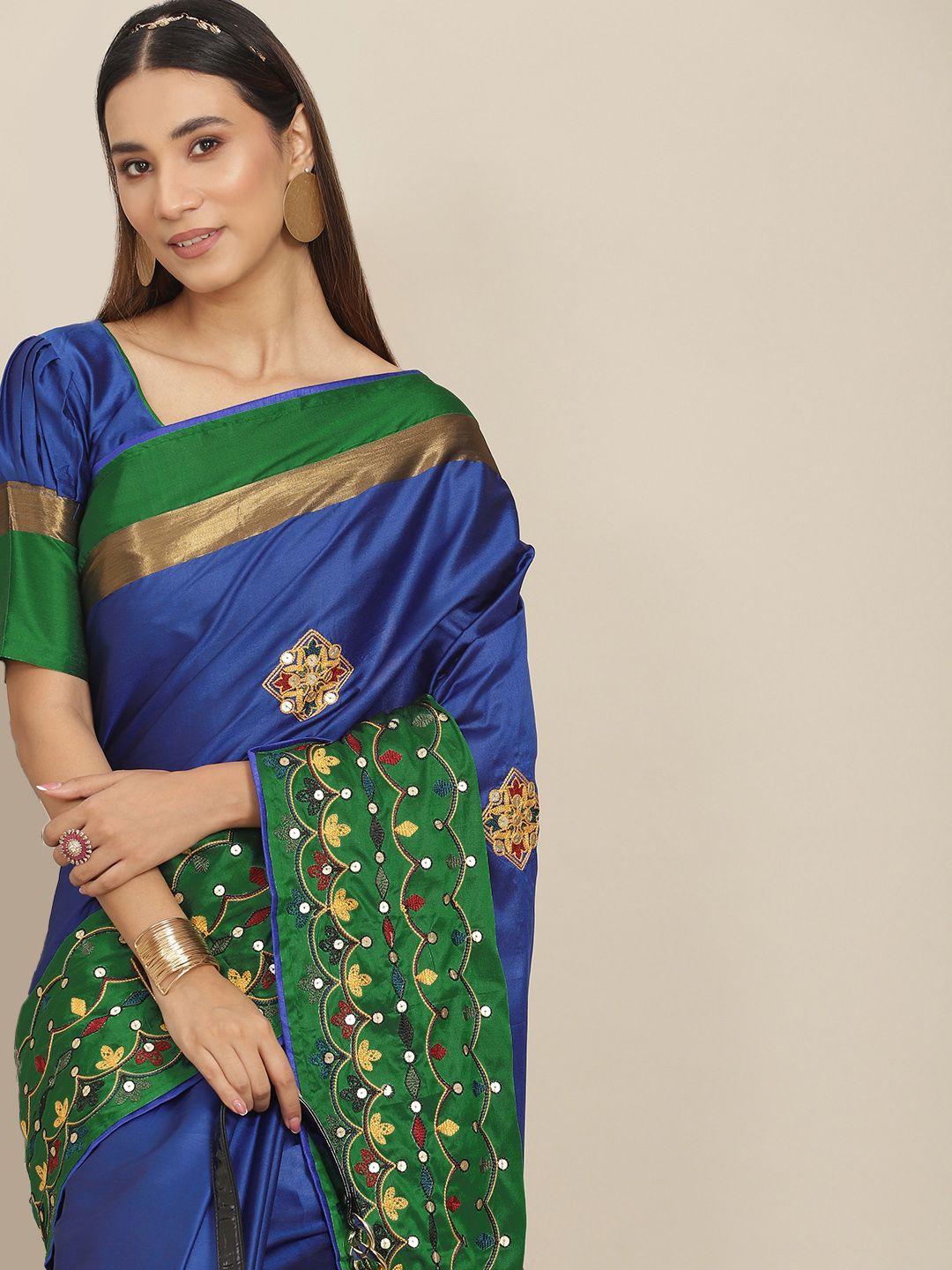 rajgranth blue & green floral sequinned silk cotton saree