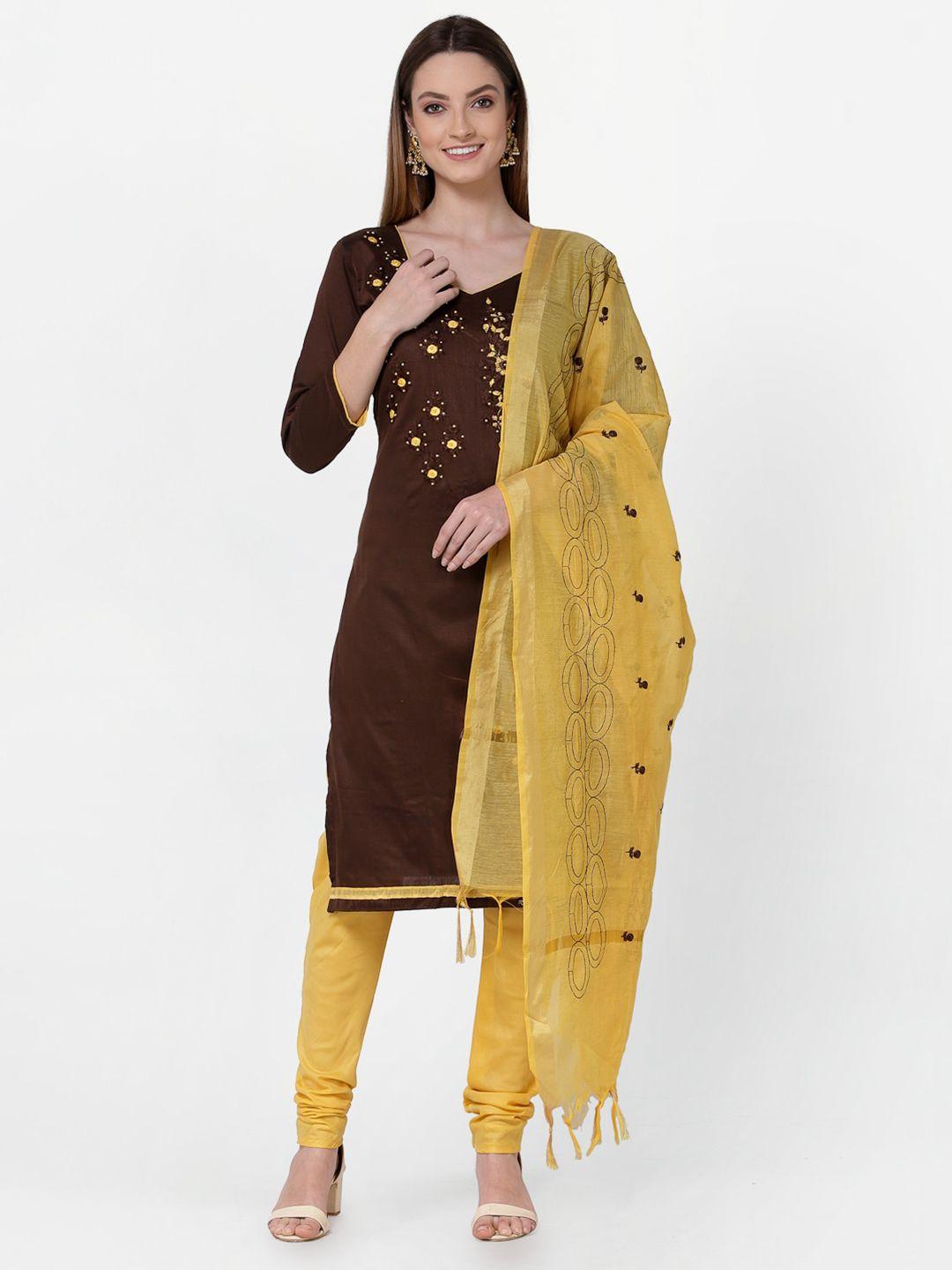 rajgranth brown & yellow embroidered unstitched dress material