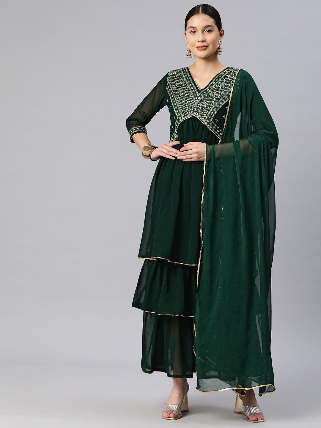 rajgranth ethnic motifs embroidered tiered sequinned kurta with sharara & dupatta