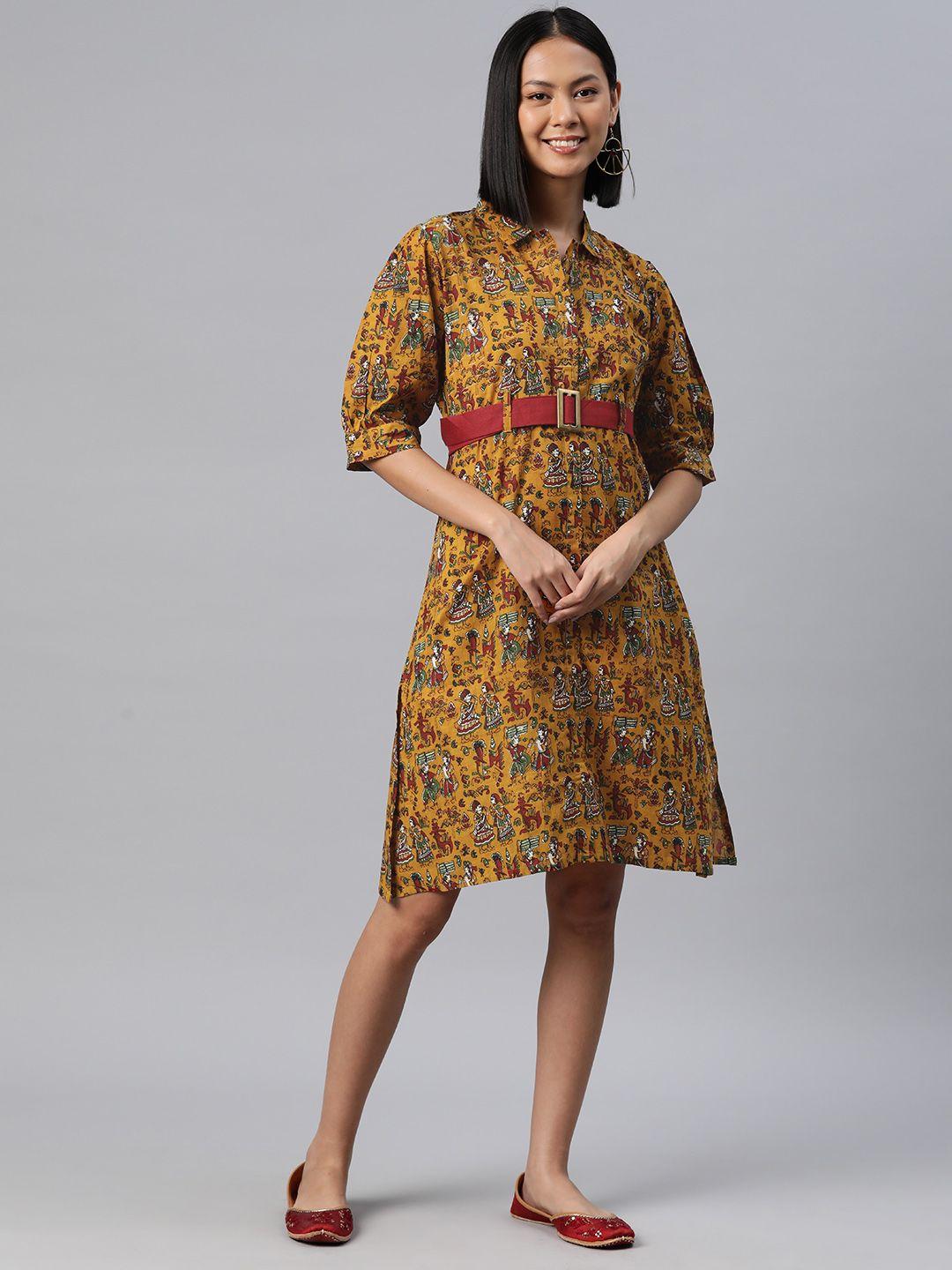 rajgranth ethnic motifs printed belted puff sleeve shirt dress