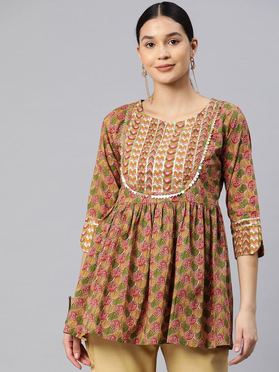 rajgranth ethnic motifs printed pure cotton sequinned pleated kurti