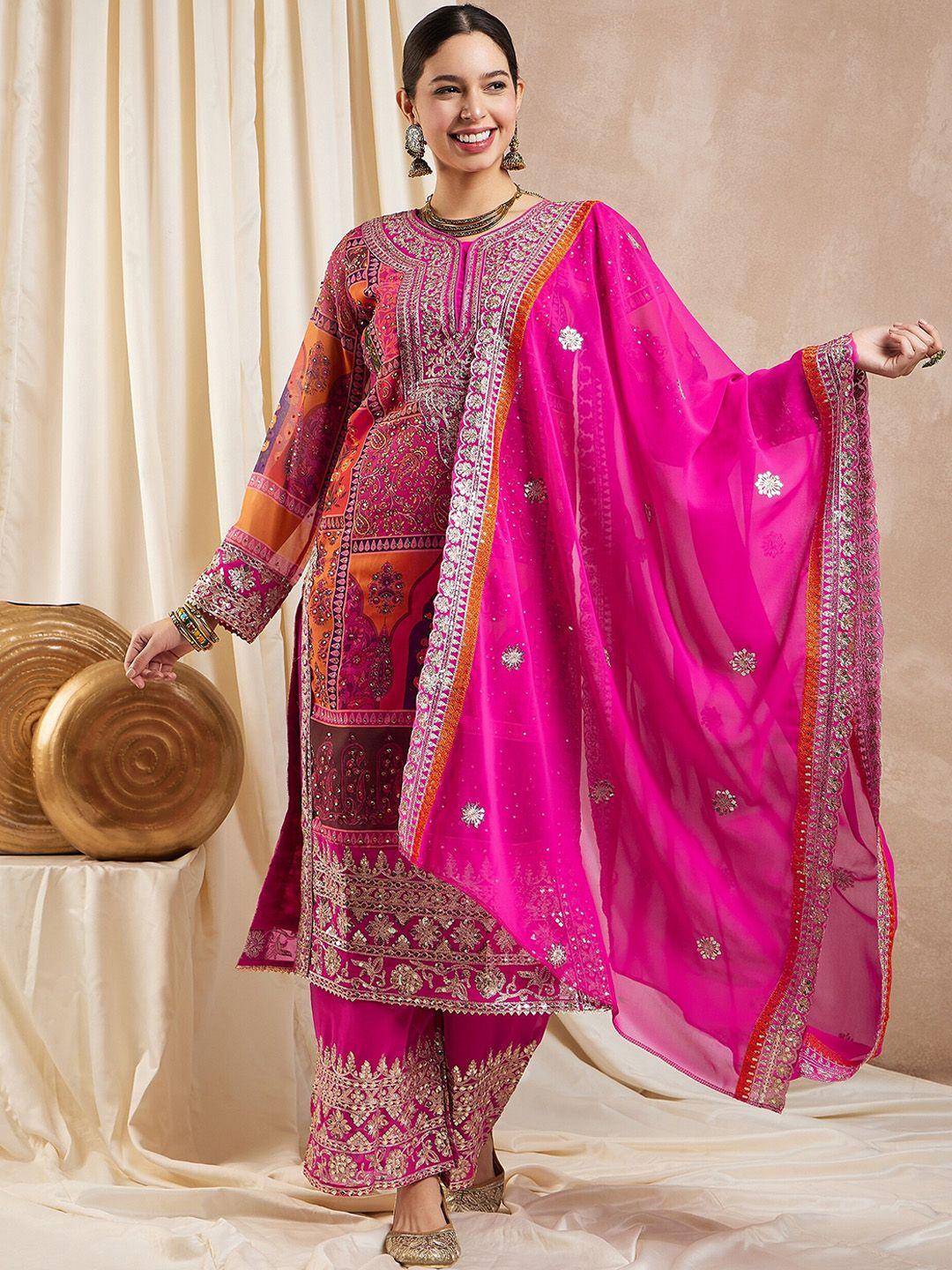 rajgranth floral embroidered regular beads and stones kurta with palazzos & dupatta