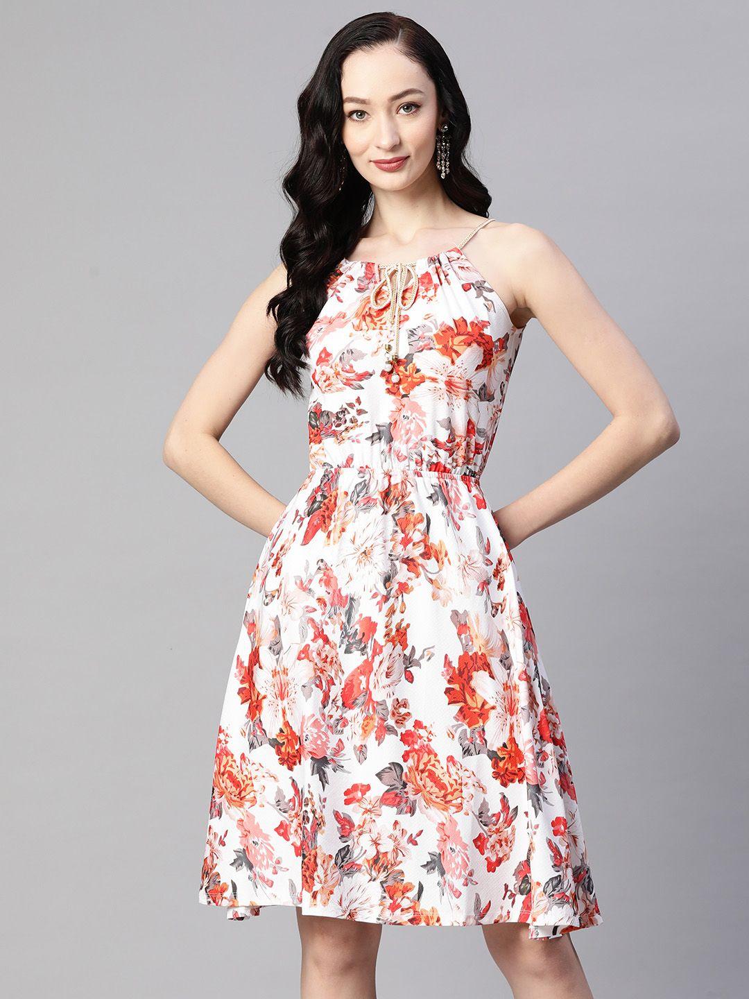 rajgranth floral print tie-up neck crepe a-line dress