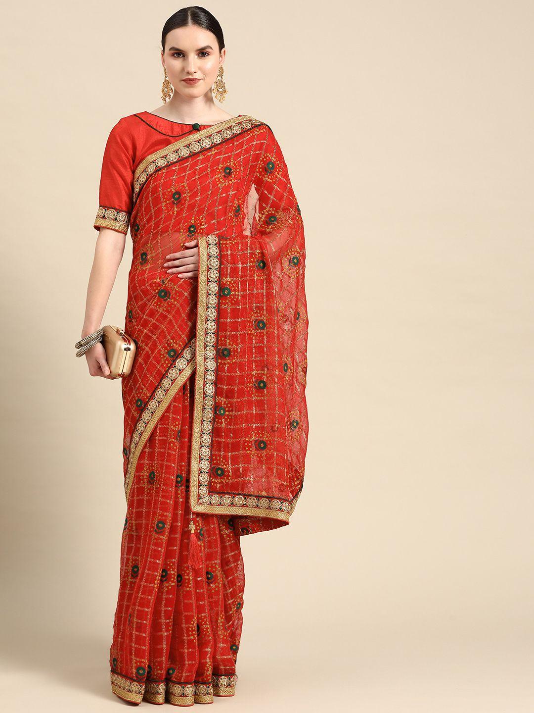 rajgranth foil print embroidered bandhani saree